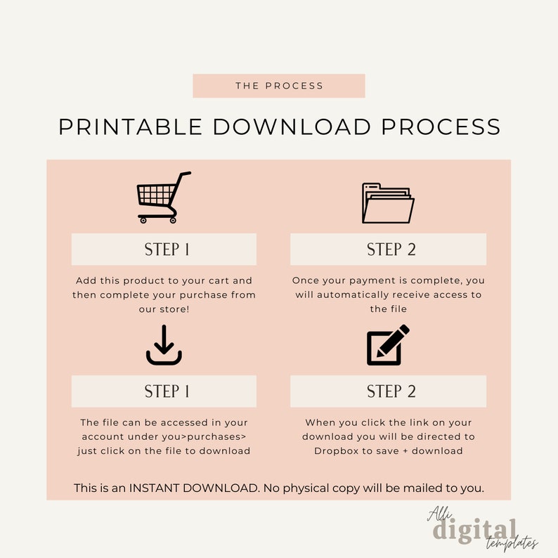 May include: A pink and white graphic with black text explaining the printable download process. The graphic shows a shopping cart, a folder, a download arrow, and a pencil. The text says "Printable Download Process" and includes the steps to download a digital product.