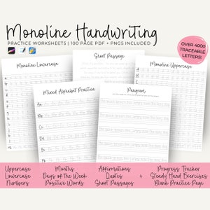 Puede incluir: Un conjunto de 100 hojas de trabajo imprimibles para practicar la escritura monoline. Las hojas de trabajo incluyen letras minúsculas, letras mayúsculas, práctica de alfabeto mixto, un pangrama, pasajes cortos, meses del año, días de la semana, palabras positivas, afirmaciones, citas, seguimiento del progreso, ejercicios de mano firme y páginas de práctica en blanco. Las hojas de trabajo están diseñadas para ayudar a los niños a aprender a escribir de forma clara y legible.