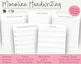 100-Page Hand Lettering Workbook - Practice Sheets, Monoline Script and Bouncy Cursive, Perfect for Beginners & Pros - DIY Hand Lettering