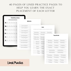 May include: A set of printable lined practice pages for handwriting. The pages feature lowercase letters, affirmations, months of the year, and days of the week. The pages are designed to help learners practice the correct placement of each letter.