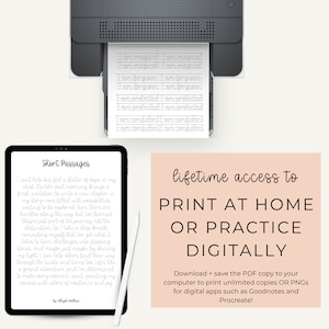 May include: A digital tablet displaying a short passage about hope and resilience. The text reads "I can't help but feel a flutter of hope in my chest. It's like each morning brings a fresh invitation to write a new chapter in my story - one filled with possibilities waiting to be explored. Sure, there are hurdles along the way, but I've learned they're just part of the journey, not the destination. So, I take a deep breath, reminding myself that I've got what it takes to turn challenges into stepping stones. And maybe, just maybe, by shining my light, I can help others find their way through the twists and turns too. Life's like a grand adventure, and I'm determined to make every moment count, painting my canvas with colors of resilience and joy. By Aliyah Wallace". The tablet is on a white surface next to a printer with a sheet of paper that reads "I am magical, I am forgiven, I am protected, I am confident". The image also includes a pink rectangle with the text "lifetime access to PRINT AT HOME OR PRACTICE DIGITALLY. Download + save the PDF copy to your computer to print unlimited copies OR PNGs for digital apps such as Goodnotes and Procreate!"