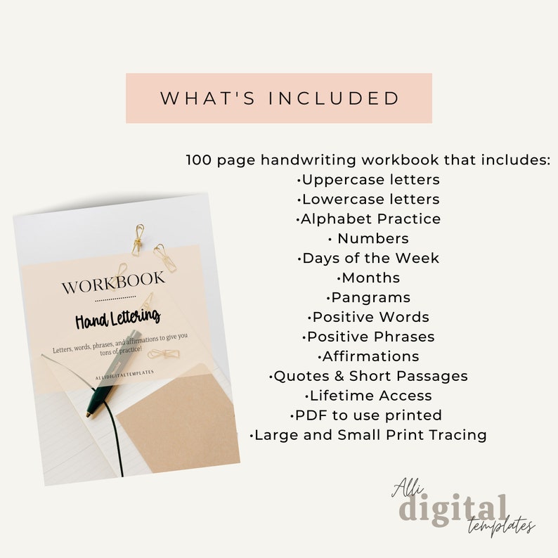 May include: A 100-page handwriting workbook with a brown cover and the text "WORKBOOK Hand Lettering" in white. The workbook includes uppercase and lowercase letters, alphabet practice, numbers, days of the week, months, pangrams, positive words, positive phrases, affirmations, quotes and short passages, lifetime access, a PDF to use printed, and large and small print tracing.
