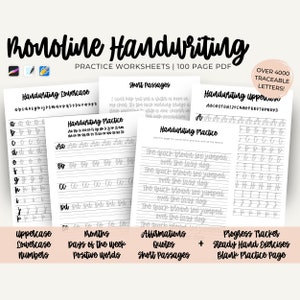 Peut inclure: Un ensemble de feuilles de travail d'écriture imprimables pour les enfants. Les feuilles de travail présentent une variété d'exercices, notamment des lettres minuscules, des lettres majuscules, des nombres, des mois de l'année, des jours de la semaine, des mots positifs, des affirmations, des citations, des passages courts et des pages de pratique vierges. Les feuilles de travail sont conçues pour aider les enfants à améliorer leurs compétences en écriture et à développer un style cohérent et lisible.