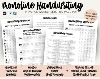 May include: A set of printable handwriting practice worksheets for kids. The worksheets feature a variety of exercises, including lowercase letters, uppercase letters, numbers, months of the year, days of the week, positive words, affirmations, quotes, short passages, and blank practice pages. The worksheets are designed to help children improve their handwriting skills and develop a consistent and legible style.