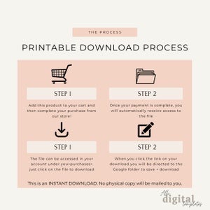 May include: A pink and white graphic with the text "Printable Download Process" and two steps for downloading a digital product. Step 1: Add to cart and complete purchase. Step 2: Access the file after payment.