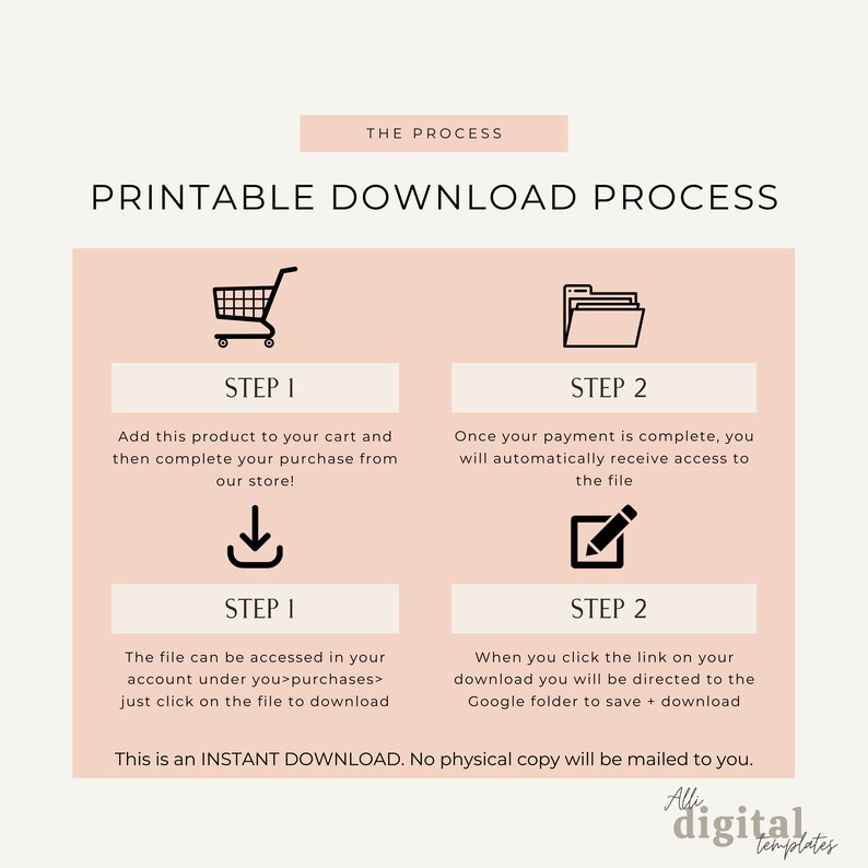 May include: A pink and white graphic with the text "Printable Download Process" and two steps for downloading a digital product. Step 1: Add to cart and complete purchase. Step 2: Access the file after payment.