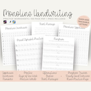 Monoline Cursive Lettering Worksheets - Improve Handwriting Practice, Hand Lettering Practice Sheets & Lettering Guide, Procreate Worksheet