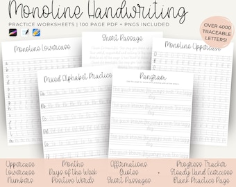 Monoline Cursive Lettering Worksheets - Improve Handwriting Practice, Hand Lettering Practice Sheets & Lettering Guide, Procreate Worksheet
