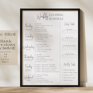 May include: A black and white printable cleaning schedule checklist with daily, weekly, and monthly tasks. The checklist includes tasks for bedrooms, bathrooms, kitchen, living room, and other areas of the home. The checklist is designed to help people stay organized and on top of their cleaning.