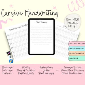 Puede incluir: Una tableta digital que muestra una hoja de trabajo de escritura cursiva con el texto "Short Passage". La hoja de trabajo es parte de un libro de trabajo de 100 páginas que incluye letras mayúsculas y minúsculas, números, meses, días de la semana, palabras positivas, afirmaciones, citas y pasajes cortos. El libro de trabajo está diseñado para ayudar a mejorar las habilidades de escritura cursiva.