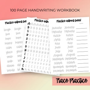 Puede incluir: Un cuaderno de caligraf&iacute;a de 100 p&aacute;ginas con p&aacute;ginas de pr&aacute;ctica para trazar letras y palabras. El cuaderno incluye p&aacute;ginas para practicar el alfabeto, los meses del a&ntilde;o y palabras comunes como "re&iacute;r", "amar", "esperar" y "feliz".