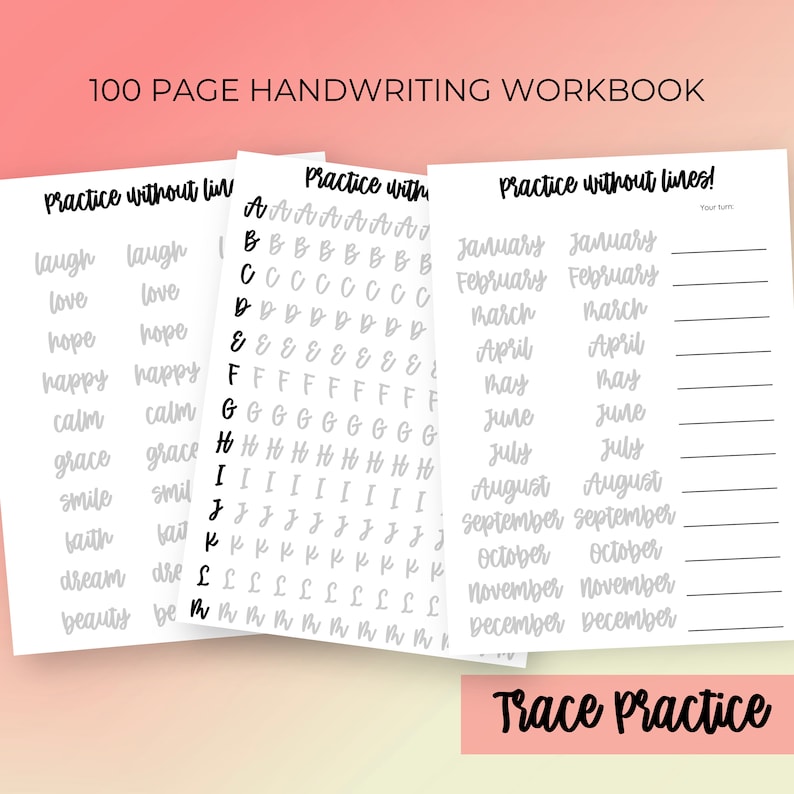 Puede incluir: Un cuaderno de caligraf&iacute;a de 100 p&aacute;ginas con p&aacute;ginas de pr&aacute;ctica para trazar letras y palabras. El cuaderno incluye p&aacute;ginas para practicar el alfabeto, los meses del a&ntilde;o y palabras comunes como "re&iacute;r", "amar", "esperar" y "feliz".