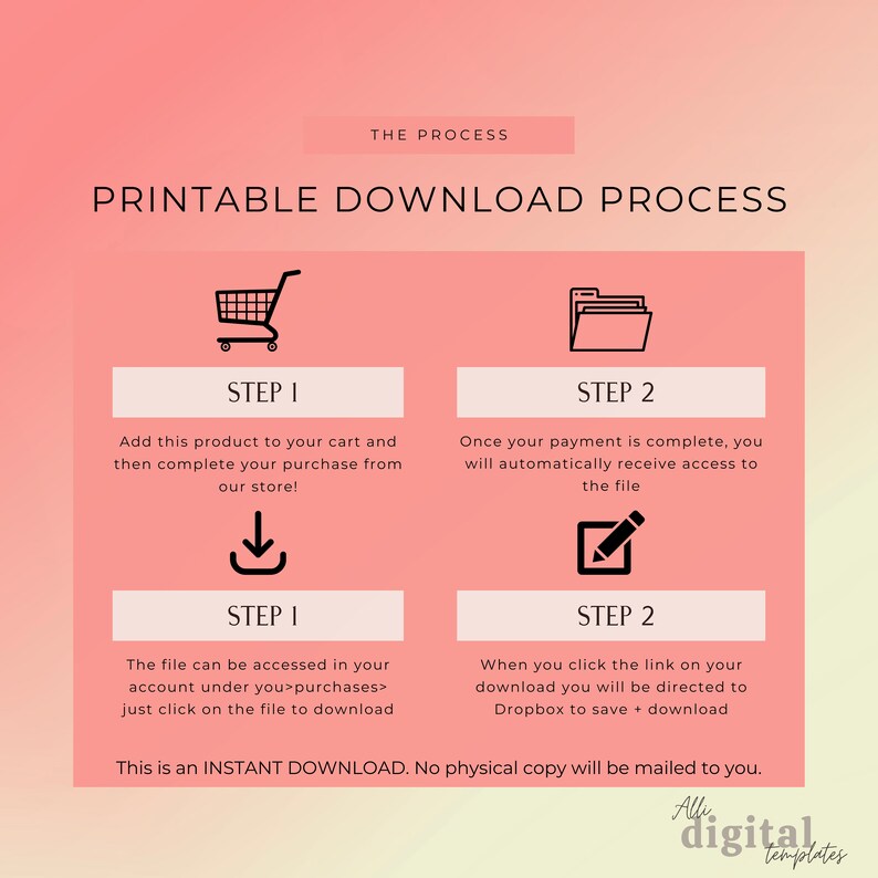 Puede incluir: Un gr&aacute;fico rosa y verde con el texto "Printable Download Process" en negro. El gr&aacute;fico muestra dos pasos para descargar un producto digital. El paso 1 muestra un icono de carrito de compras y una flecha de descarga. El paso 2 muestra un icono de carpeta y un icono de l&aacute;piz.
