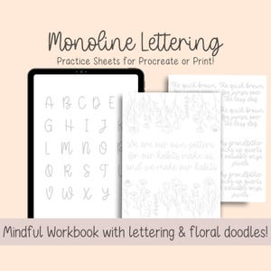 May include: A digital workbook with practice sheets for monoline lettering and floral doodles. The workbook includes the alphabet, a quote about habits, and a floral pattern.