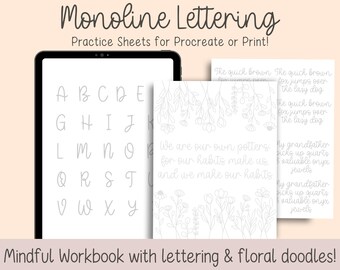 Monoline Lettering Mindfulness Worksheets, Procreate Lettering Worksheets, Cursive Practice Sheet for iPad Lettering, Affirmation Workbook