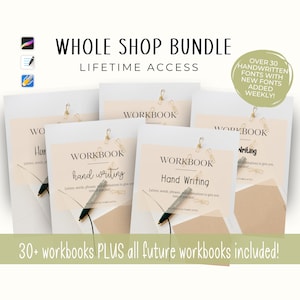 Puede incluir: Un paquete de cuadernos digitales para practicar la escritura a mano. Los cuadernos incluyen el texto "WORKBOOK" y "Hand Writing" con un clip dorado en cada uno. El texto "OVER 30 HANDWRITTEN FONTS WITH NEW FONTS ADDED WEEKLY!" está en un círculo con fondo blanco y texto negro. El texto "30+ workbooks PLUS all future workbooks included!" está en la parte inferior de la imagen.