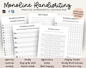 May include: A set of 100 printable handwriting practice worksheets for kids. The worksheets feature a variety of exercises, including tracing letters, writing lowercase and uppercase letters, and writing sentences. The worksheets are designed to help children develop their handwriting skills and improve their penmanship.
