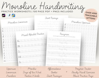 May include: A set of 100 printable handwriting worksheets for kids. The worksheets include practice pages for lowercase letters, uppercase letters, mixed alphabet practice, a pangram, short passages, months of the year, days of the week, positive words, affirmations, quotes, and a progress tracker. The worksheets are designed to help children improve their handwriting skills.