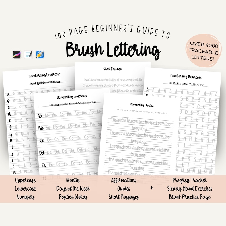 May include: A 100-page beginner's guide to brush lettering with over 4,000 traceable letters. The guide includes practice pages for uppercase and lowercase letters, numbers, months, days of the week, positive words, short passages, affirmations, and quotes. There are also blank practice pages and steady hand exercises.