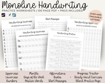 Monoline Bouncy Cursive Handwriting Practice Workbook, Lettering Workbook, Práctica de caligrafía, Guía de letras, iPad Lettering Procreate