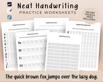 May include: Four printable worksheets for handwriting practice. The worksheets include lowercase letters, uppercase letters, and practice writing the alphabet. The worksheets also include the sentence "The quick brown fox jumps over the lazy dog."
