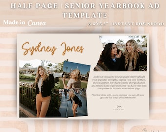 Plantilla de anuncio de anuario personalizado de media página para tributo a personas mayores / página de dedicación del anuario, página de graduación de la escuela secundaria / anuario de plantilla Canva