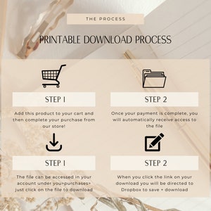 May include: A printable download process is illustrated with two steps. The first step shows a shopping cart icon and the text "Add this product to your cart and then complete your purchase from our store!" The second step shows a folder icon and the text "Once your payment is complete, you will automatically receive access to the file."
