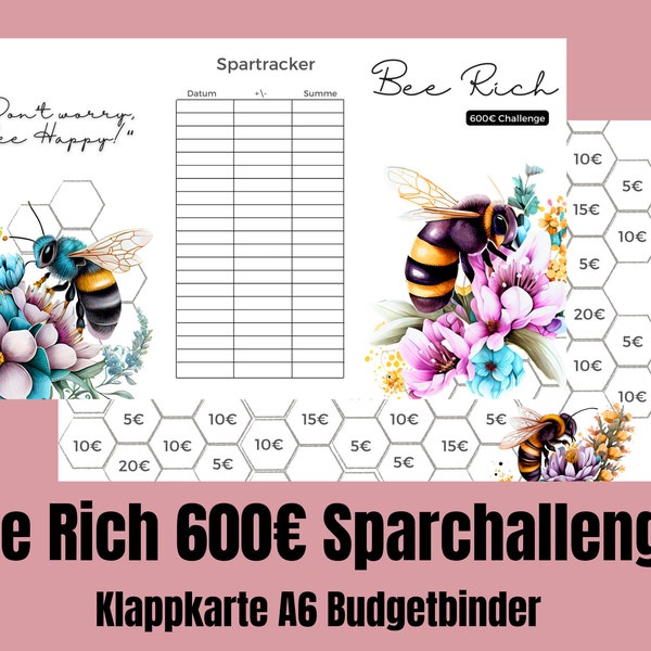 Bee Rich 600 Euro sparen | Dreifach Sparchallenge Klappkarte | passend für deinen A6 Budgetbinder