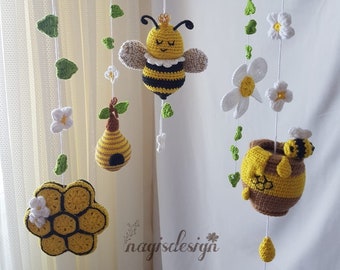 Crochet Honey Bee Baby Mobile Pattern, Amigurumi Crib Decor (English PDF), Gift, 5 Pices