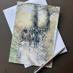 Tarjeta de arte de caza "El fin del día" Tarjeta de felicitación en blanco con Harriers