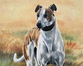 Greyhound Lurcher Art Print "The Boy Racer" A portrait of a brindle and white sighthound