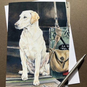 Carte de voeux jaune Labrador Retriever « A Sporting Life » Carte vierge avec Labrador en Landrover