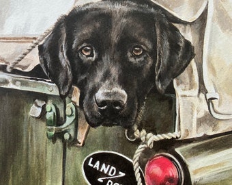 Black Labrador Art Print - Are We There Yet? Limited Edition of a Black Labrador in the back of an old Landrover
