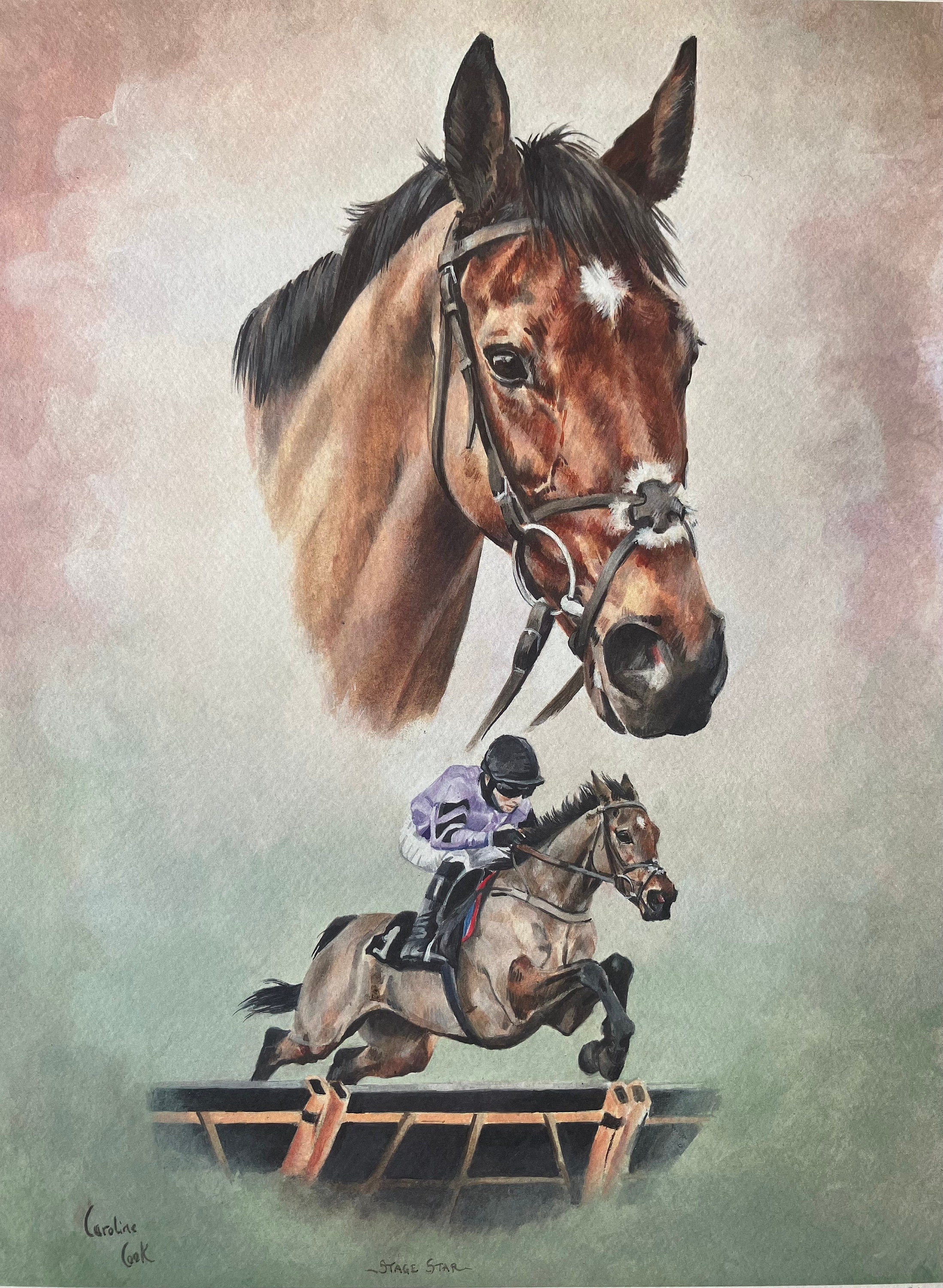 Impresión de arte de carreras de caballos "Stage Star" Imagen firmada de los propietarios Group Stage Star