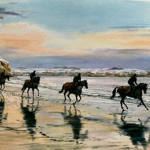 Pferderennen Poster &quot;&quot;Snowy Beach&quot;&quot; Pferde galoppieren im Winter am Strand.&quot;