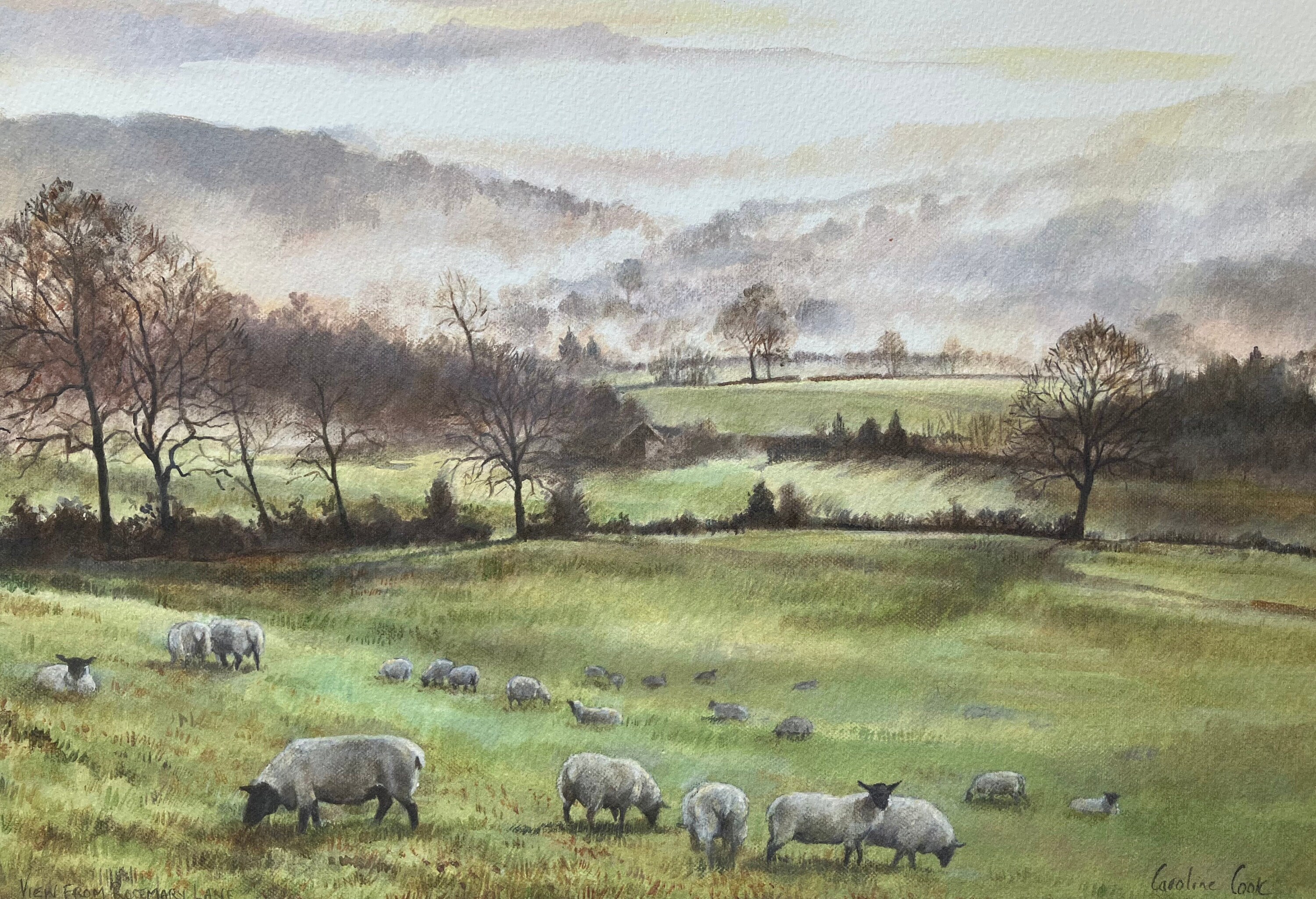 【美品】風景画 羊の絵 アート 羊のいる風景画のアートプリント。「ローズマリー通りからの眺め