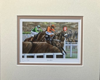 Horse Racing Art Print - Long Run at Cheltenham. Small mounted print of The Cheltenham Gold Cup winner