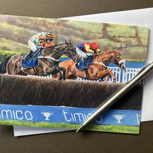 Biglietto d'auguri per corse di cavalli "The Duel" Biglietto vuoto Native River e Might Bite Cheltenham Gold Cup