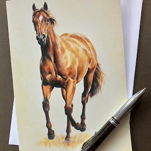 Tarjeta de felicitación del arte del caballo - Libertad. Tarjeta en blanco para amante de los caballos con caballo castaño al galope