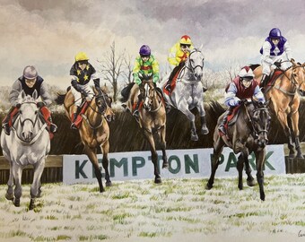 Horse Racing Art Print. The Kings of Kempton.  Steeplechasers at Kempton