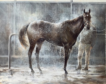 Horse Racing Art Print "Washing Off" Signed Equestrian Print