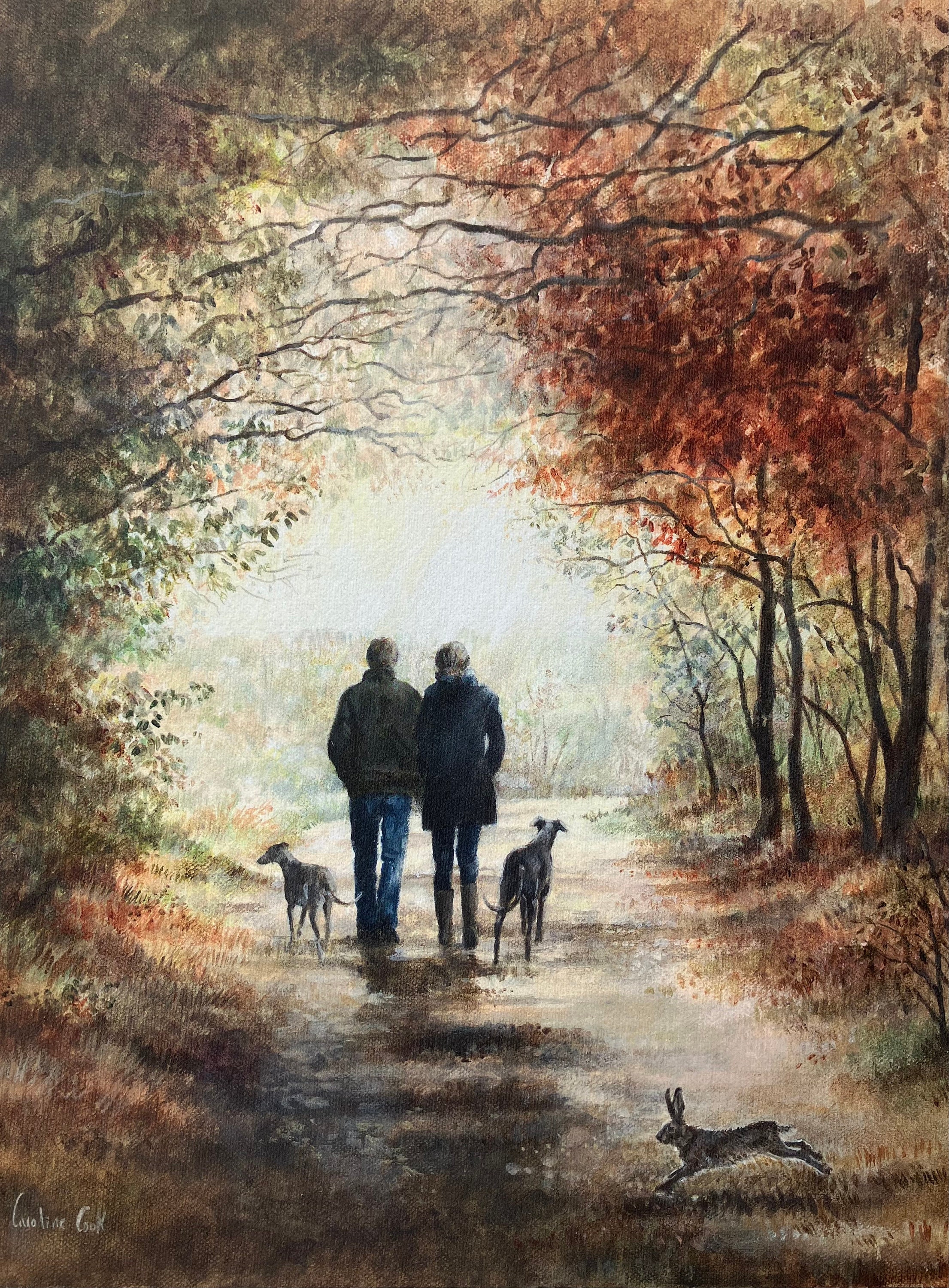 Greyhound Lurcher Art Print - A Hare's Breadth.  Fine Art Limited Edition print with a couple walkng two sighthounds in an autumnal scene