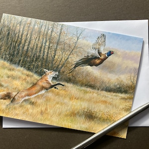 Tarjeta de arte con zorro y faisán "Un accidente casi fatal"