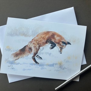 Cartão de felicitações Fox Art "Pounce" Raposa saltadora na neve Cartão em branco