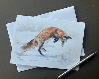 Fox Art Greeting Card "Pounce" Jumping fox in snow Blank Card