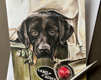Black Labrador Landrover Greeting Card – Dog Lover Blank Card