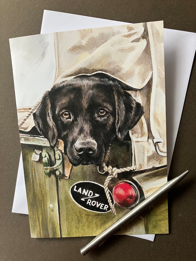 Pu&ograve; includere: Un cucciolo di Labrador Retriever nero che sporge da un Land Rover con una luce rossa e il testo "LAND ROVER" sul lato.