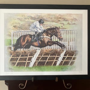 Könnte beinhalten: Ein gerahmtes Aquarellbild eines braunen Pferdes, das mit einem Jockey in weiß-blauer Uniform über einen Zaun springt. Das Bild ist vor dem Hintergrund sanfter grüner Hügel gemalt.