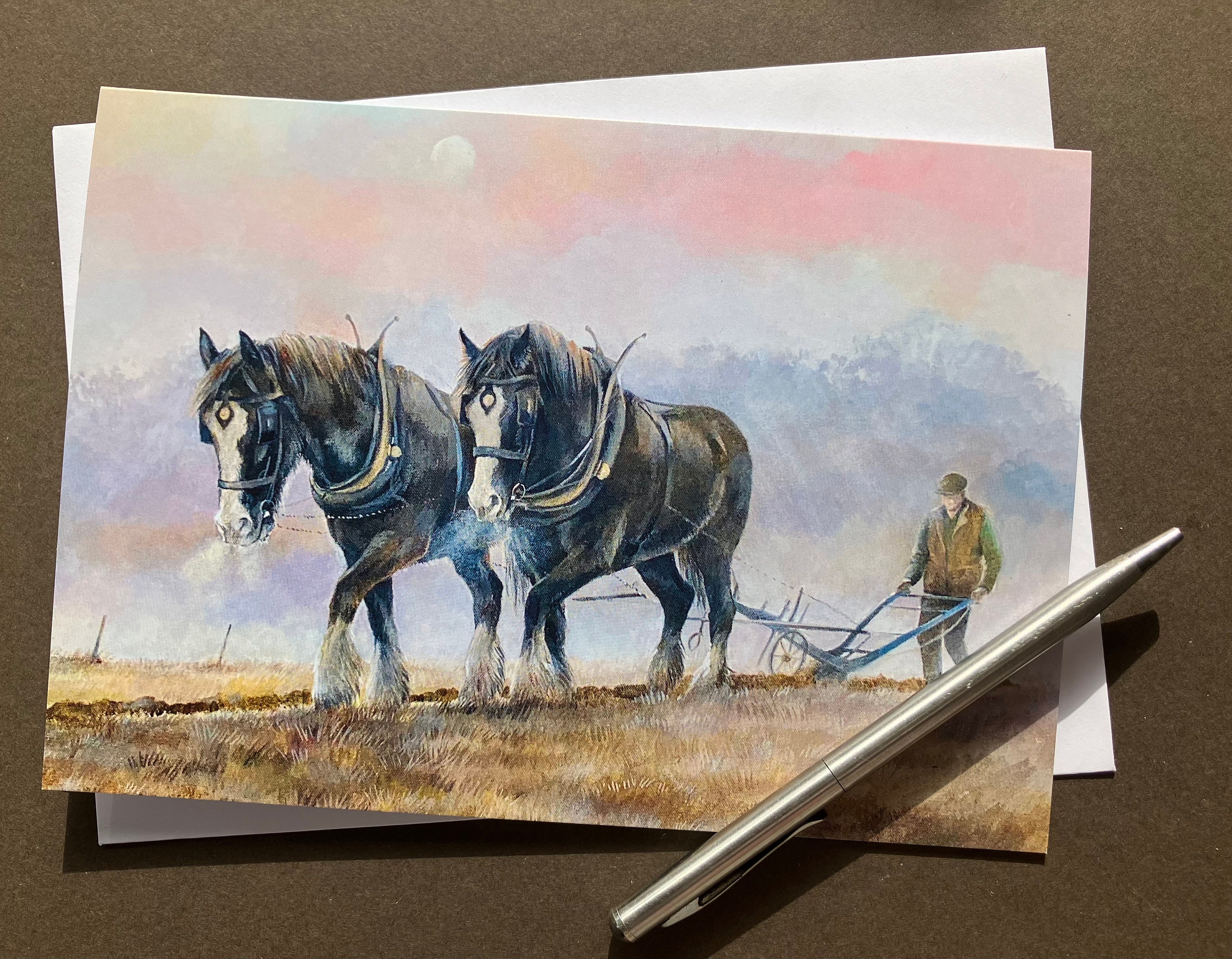 Shire Horses Art Card "An Eary Start" Heavy Horses Poughing birthday card