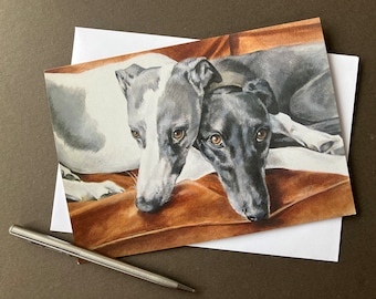 Greyhound Lurcher Art Card "Creature Comforts" Blank Card for greyhound lovers